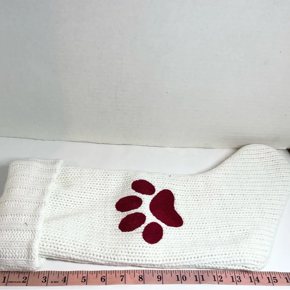 PETS - (1) WHITE KNIT CHRISTMAS STOCKING W/RED PAW PRINT/(1) MINI RED STOCKING